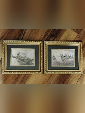 Vintage Mid-Century Pair of Signed Ruane Manning Framed Safari Prints 10.5x12.5